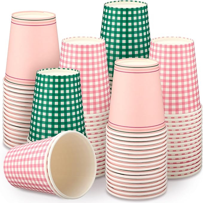 Yungyan 48 Pcs Camp Gingham Disposable Paper Cups Camp Bachelorette Party Supplies 9 oz Pink and ... | Amazon (US)