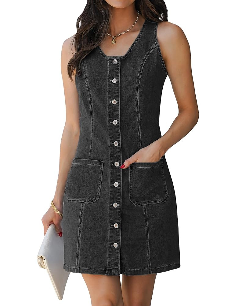 luvamia Denim Dresses for Women Sleeveless Stretchy Jean Summer Casual Western Short Button Down ... | Amazon (US)