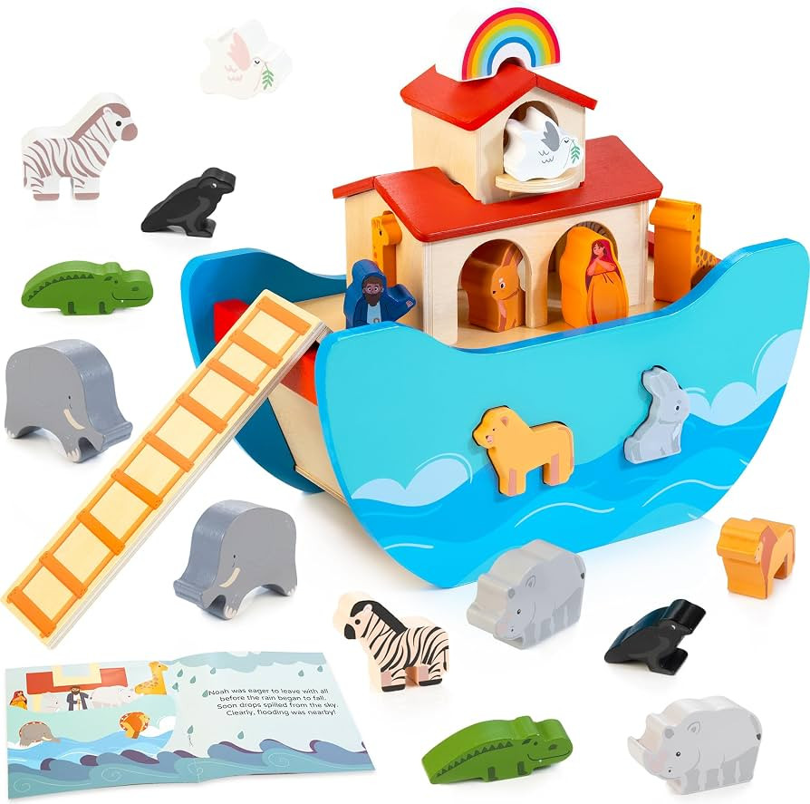Wooden Noah's Ark Toy Animal Play Set, Bible Story Toys Baptism Gift for Boys and Girls Age 1+ Ye... | Amazon (US)