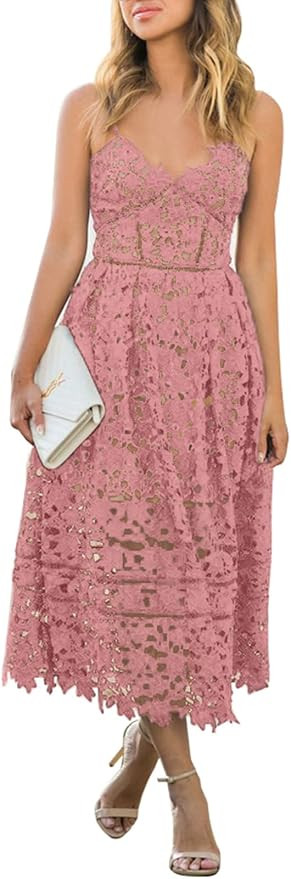 AlvaQ Womens V Neck Spaghetti Strap Lace Dress Sleeveless Sexy Backless Party Dresses with Pocket | Amazon (US)