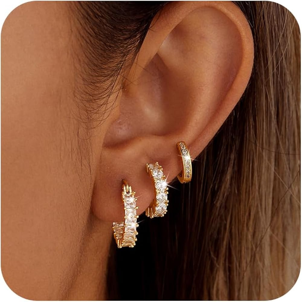 CAROVO 3 Pairs Gold/Silver Hoop Earrings for Women Trendy Dainty 14K Gold Plated Cubic Zirconia S... | Amazon (US)