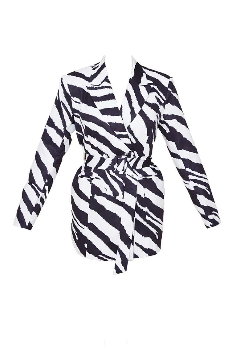 Monochrome Zebra Print Structured Tie Waist Blazer Dress | PrettyLittleThing US