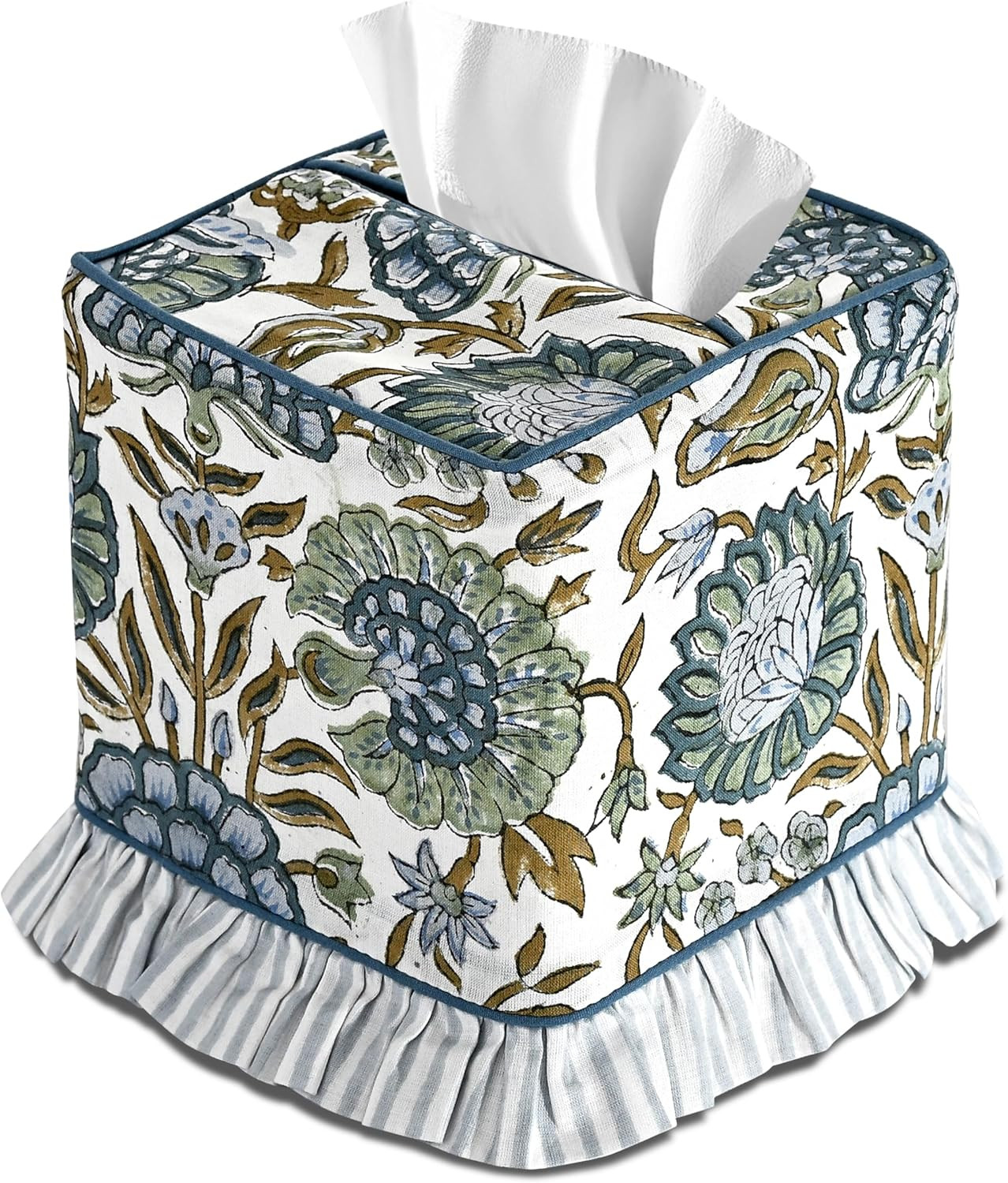 Ridhi Asparagus Green Block Print Ruffle Tissue Box Cover Handmade Cotton Decorative Square Napki... | Amazon (US)