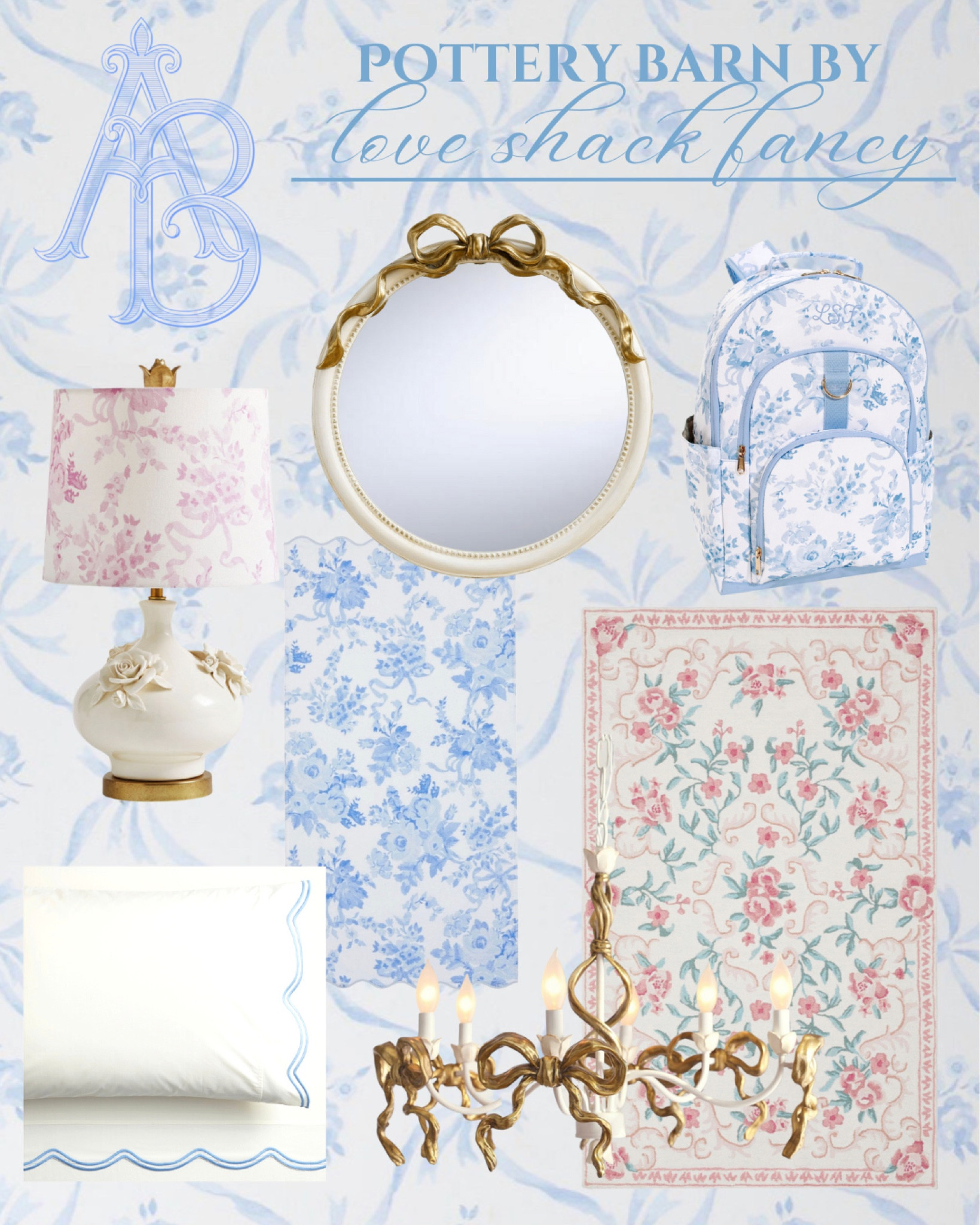 Loveshackfancy by Pottery Barn! These pieces plus more of my favorites linked 🎀💙🫶🏻

LSF, loveshackfancy by pottery barn kids, pbteen, gold bow accents, floral rug, scalloped sheets, scalloped towel, round bow mirror, blue wallpaper, Get a Serena and Lily dupe for just $180! 
Grandmillenial home decor, new traditional style, grasscloth wallpaper, natural home, house beautiful, furniture refresh

#LTKFind #LTKunder100 #LTKhome