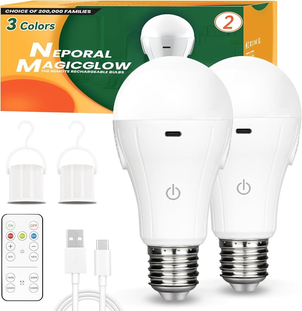 Neporal MagicGlow Rechargeable Light Bulbs with Remote, 3 Colors Shift + Dimmable Battery Powered... | Amazon (US)