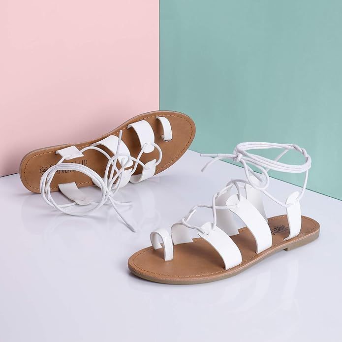 SANDALUP Tie Up Flat Gladiator Roman Sandals for Women | Amazon (US)