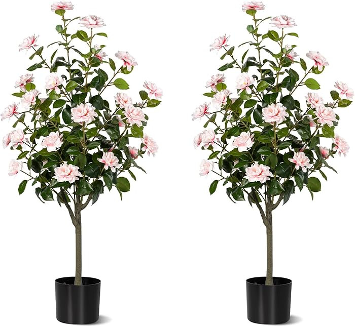 Artificial Camellia Tree 2 Pack, Artificial Plants Outdoor Faux Floral Plant in Cement Pot Fake S... | Amazon (US)