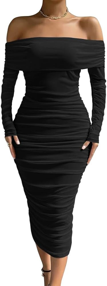 LAGSHIAN Women Sexy Off Shoulder Long Sleeve Bodycon Ruched Midi Elegant Cocktail Party Dress | Amazon (US)