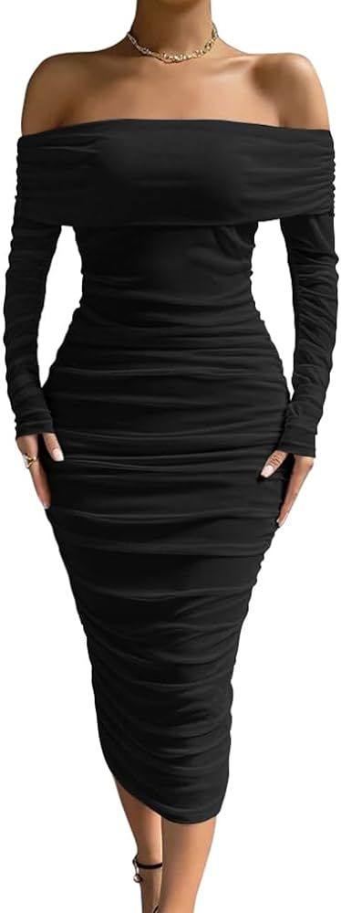 LAGSHIAN Women Sexy Off Shoulder Long Sleeve Bodycon Ruched Midi Elegant Cocktail Party Dress | Amazon (US)