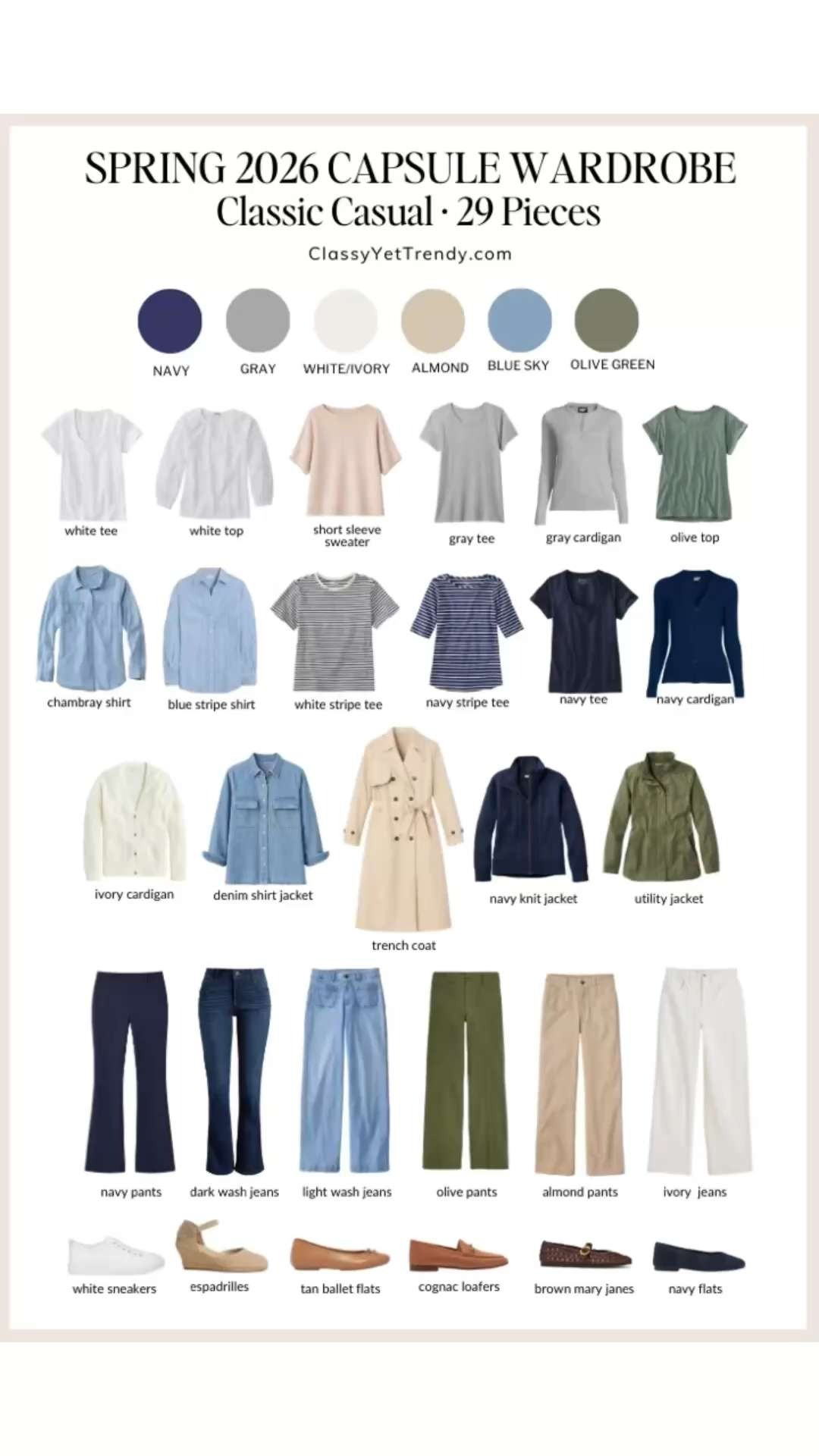 My 29-piece Classic Casual Spring 2026 Capsule Wardrobe in my closet 🌷The colors are navy, gray, white, ivory, almond, blue sky and olive green. I work at home and wear styles that are simple and minimal for a warm spring climate. All shopping links are on the blog. ✔️ You can use this capsule wardrobe in your closet and use part of it as a travel wardrobe.

tee, cardigan, top, utility jacket, trench coat, denim shirt jacket, stripe shirt, chambray shirt, striped tee, short sleeve sweater, ponte pants, dark wash jeans, patch pocket jeans, olive pants, chino pants, white jeans, casual sneakers, wedge espadrilles, ballet flats, loafers, mary jane shoes, navy flats

#capsulewardrobe  #casualstyle #neutralstyle #classicstyle  #springoutfits
 

 