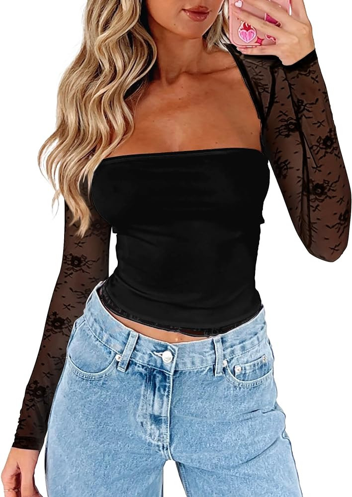 CSDAJIO Women's Floral Lace Long Sleeve Square Neck Crop Top T Shirt Strapless Tube Top and Boler... | Amazon (US)