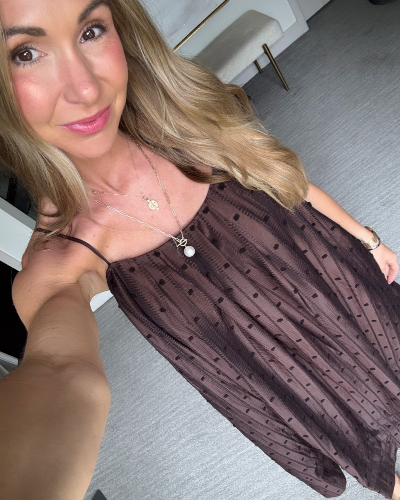 Summer Uniform: flowy dress, sandals, long necklaces, wavy hair. 
Wearing lip tint #6 (Melissa).

#LTKootd #LTKdayinmylife #LTKOver40