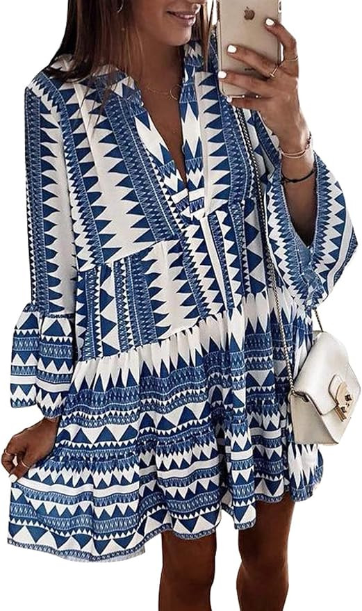 Happy Sailed Womens Long Sleve Leopard Print Tunic Shirt Dress V Neck Casual Loose Flowy Swing Sh... | Amazon (US)