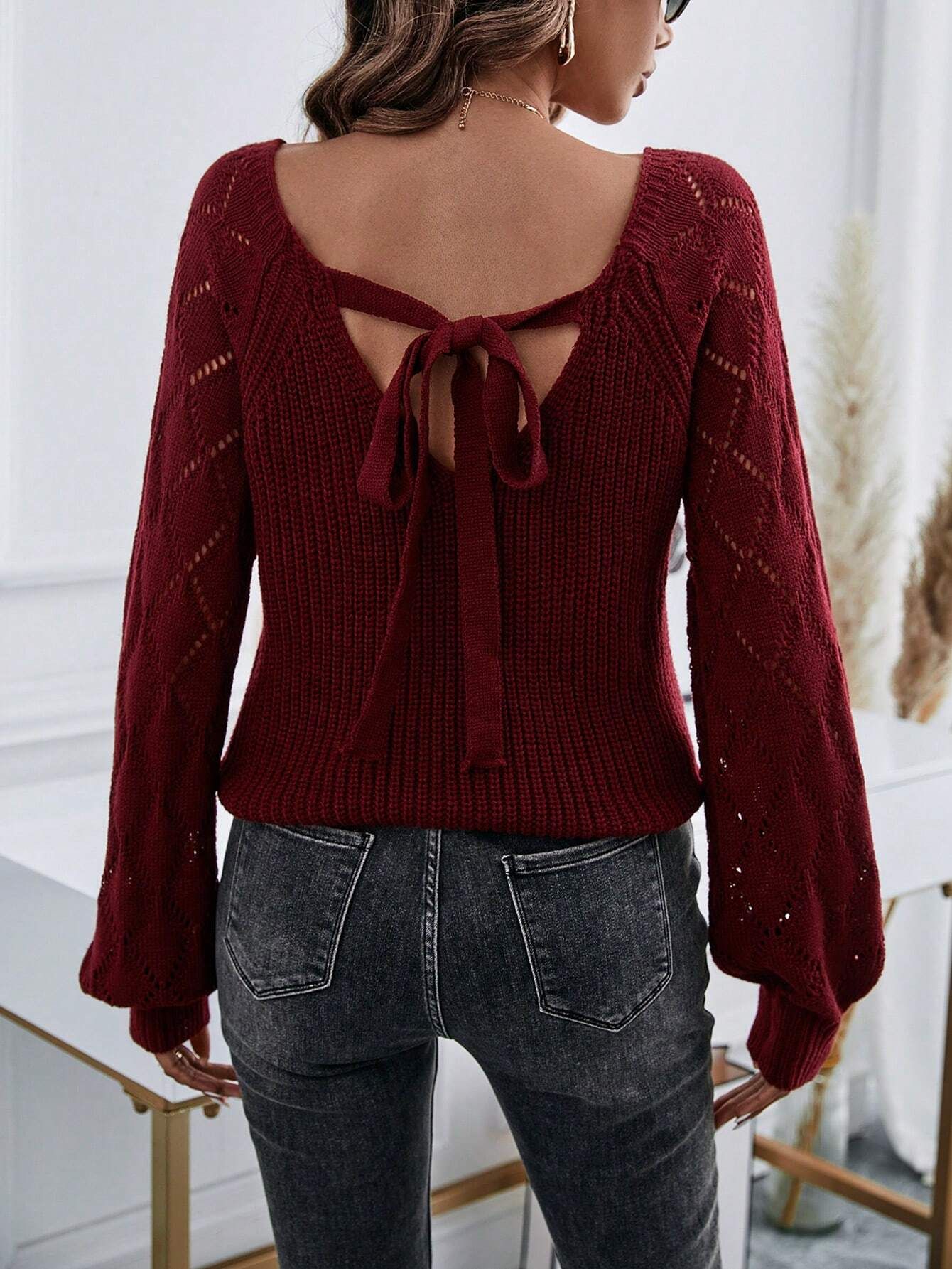 SHEIN Essnce Tie Back Lantern Sleeve Pointelle Knit Sweater | SHEIN