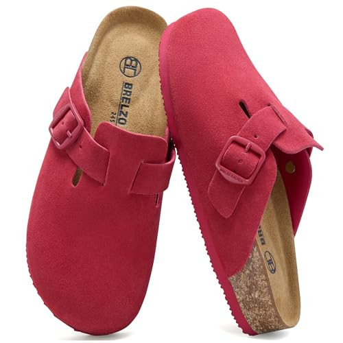 Women's Suede Clogs Men's Slip-On Leather Mules Non-Slip Potato Shoes Arch Support Sandals with Adjustable Buckle for Indoor & Outdoor Use Red | Amazon (US)