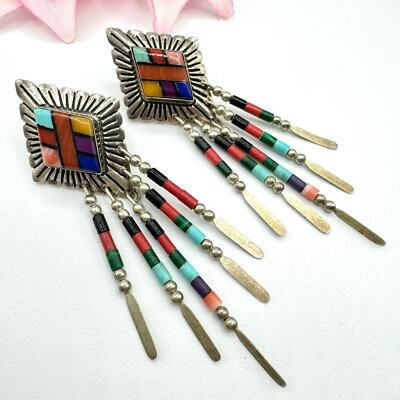 QT Quoc Turquoise Native Tribal Sterling Silver Inlaid Mosaic Fringe Earrings  | eBay | eBay US