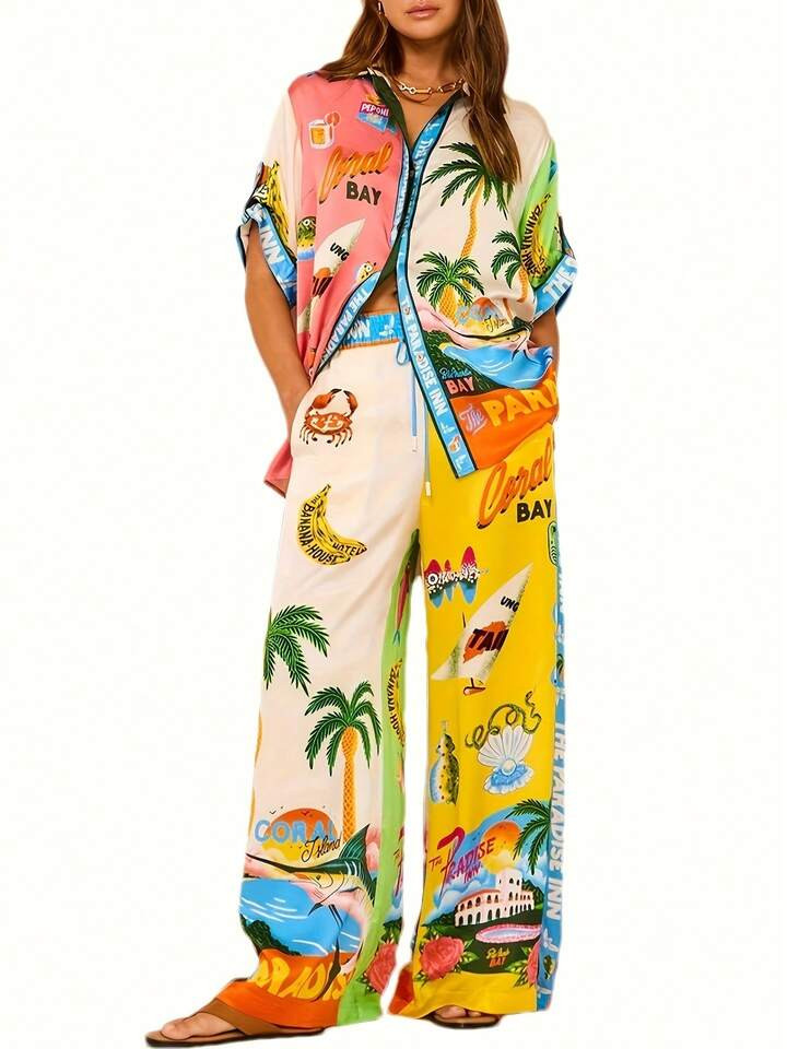 CZANZD Women's Summer Printed Two-Piece Suit Pajamas Short-Sleeved Button Top Drawstring Trousers... | SHEIN