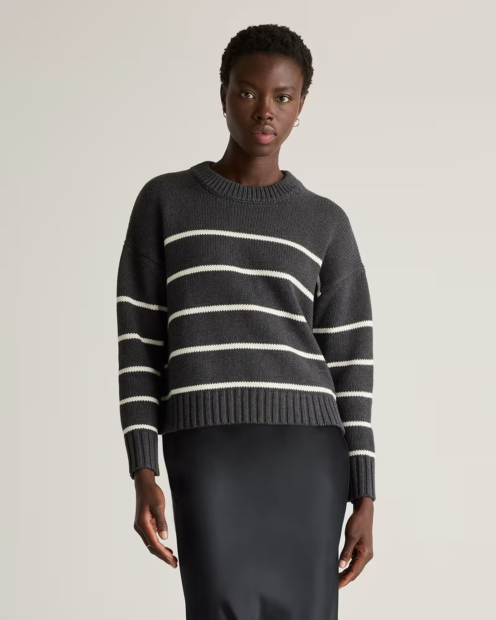 100% Organic Cotton Striped Crew Sweater in Charcoal/ Off White Stripe | Quince