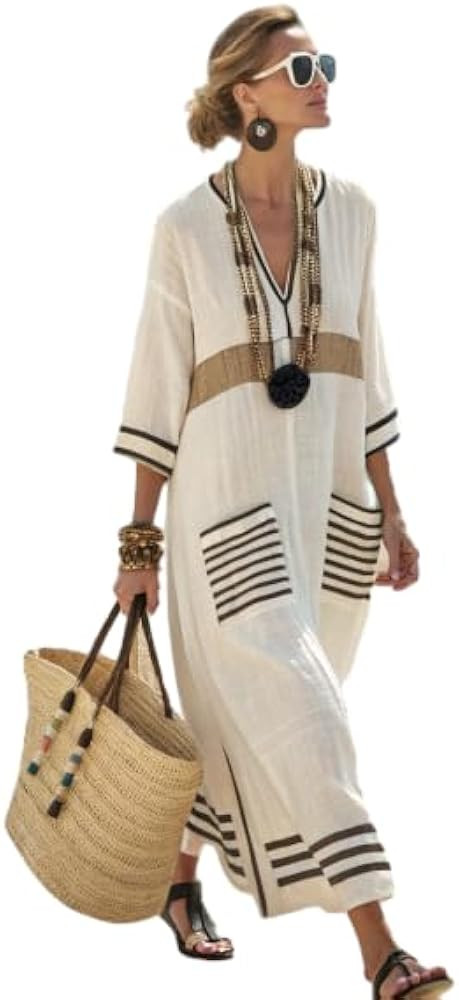 OSCORP Women’s 3/4 Sleeve V-Neck Maxi Dresses Loose-Fit Striped Long Dresses Soft Flowing Drape... | Amazon (US)