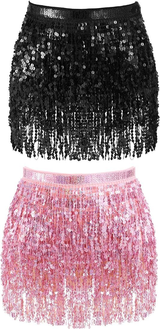 2 Pieces Sequin Tassel Skirt Belly Dance Hip Scarf Performance Outfit Sequins Skirt Belts Body Ac... | Amazon (US)