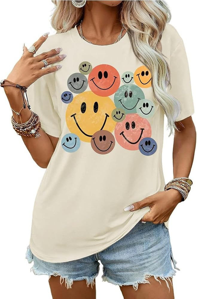 Retro Smile Face T-Shirt for Women Cute Short Sleeve Round Neck Keep Smile Inspiring Graphic Tees... | Amazon (US)