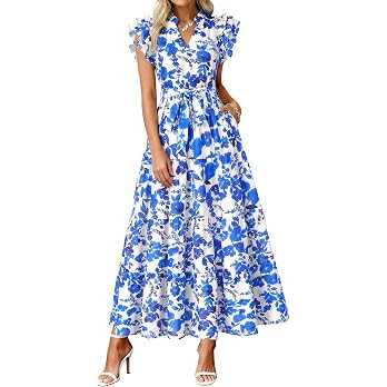 dowerme Women Summer Maxi Dresses 2026 Ruffle Sleeve V Neck Floral Boho Long Dress Belted Tiered ... | Amazon (US)