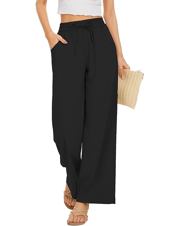 Women Flowy Pants Drawstring Waist Wide Leg Palazzo Beach Pants Loose Fit with Pockets | Amazon (US)