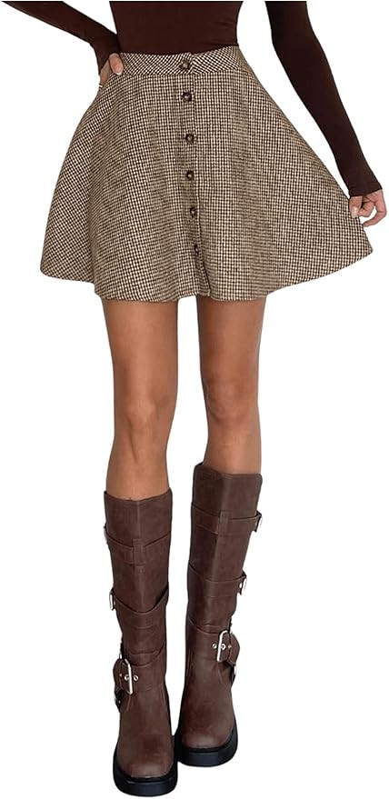 Milumia Women's Vintage Plaid Button Mini Skirt High Waist A Line Flared Pleated Skirts Fall Wint... | Amazon (US)