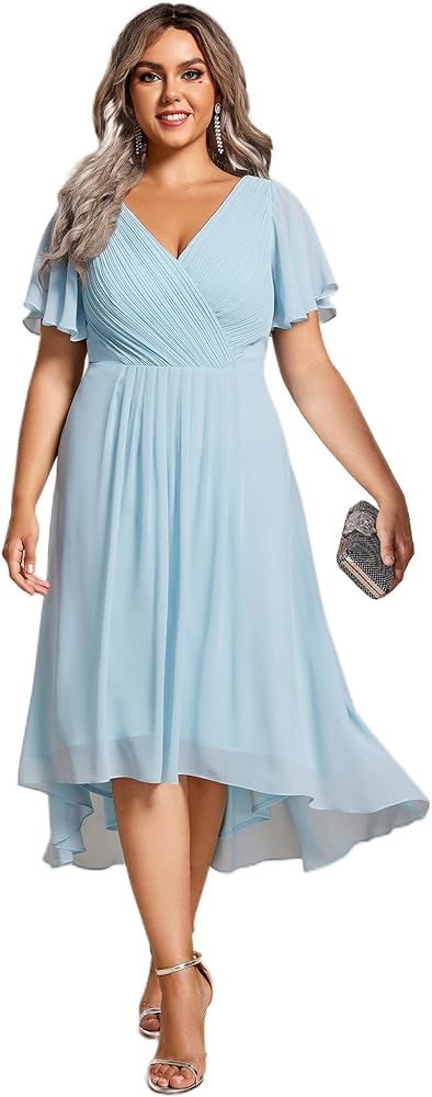 Ever-Pretty Women's A Line Ruched V Neck Short Sleeves Knee Length Plus Size Wedding Guest Dresse... | Amazon (US)