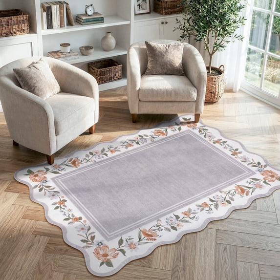 Lahome Washable 3'x5' Scalloped Area Rug, Grey Floral Boho Rugs for Living Room, Ultra-Thin Soft ... | Walmart (US)