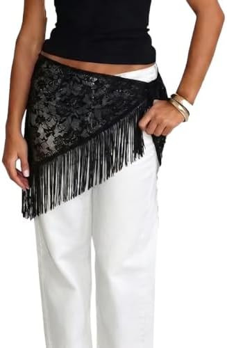 Women Lace Waist Scarf Y2k Tassel Fringe Tie Waist Belt Boho Wrap Hip Scarf | Amazon (US)