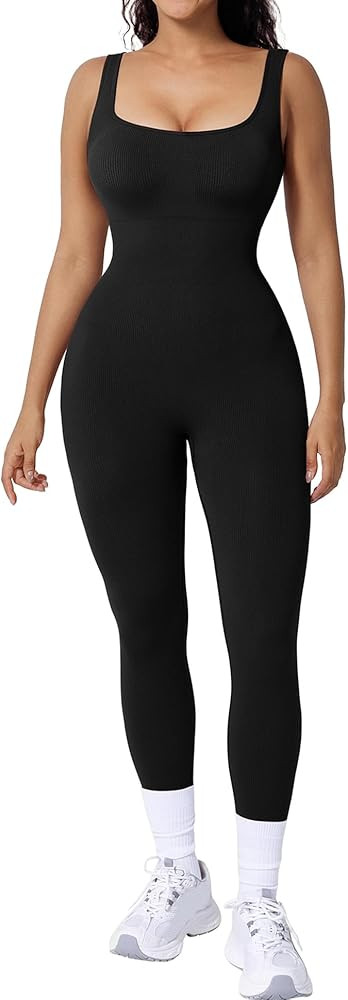 Popilush Jumpsuits for Women Built-In Bra Square Neck Ribbed Bodycon Workout Seamless Leggings Ro... | Amazon (US)