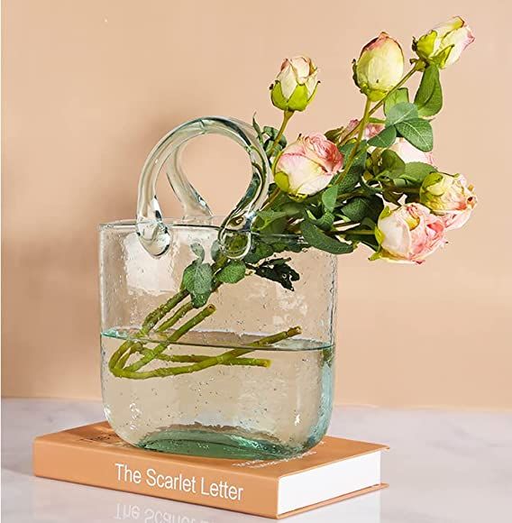 Detigsia Glass Bag Vase Hand Blown Made Flower Vase with Bubble Handbag Shaped Clear Vase for Weddin | Amazon (US)