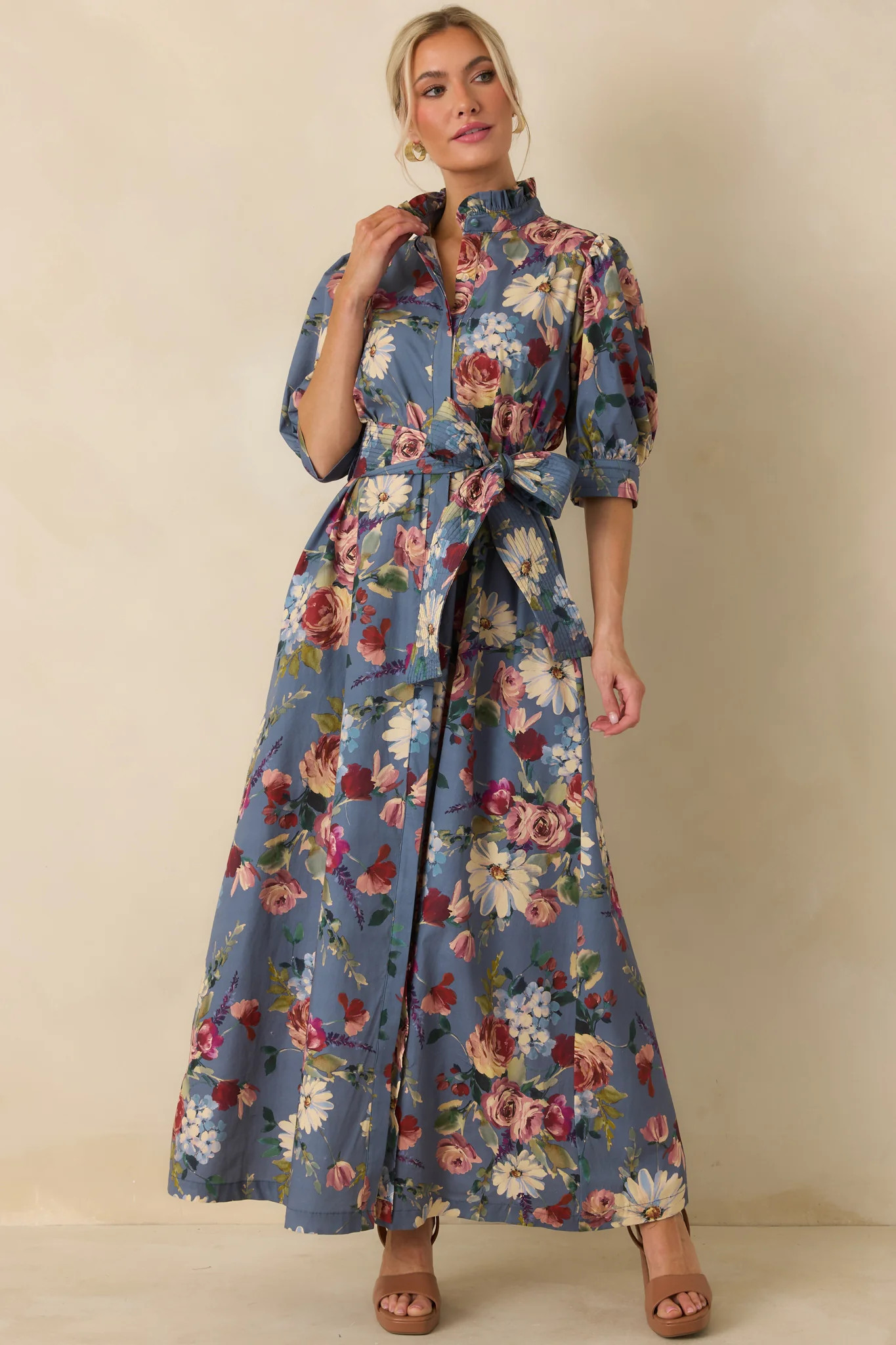 Prosperina Marianne Dusty Blue Floral Cotton Maxi Dress | Red Dress