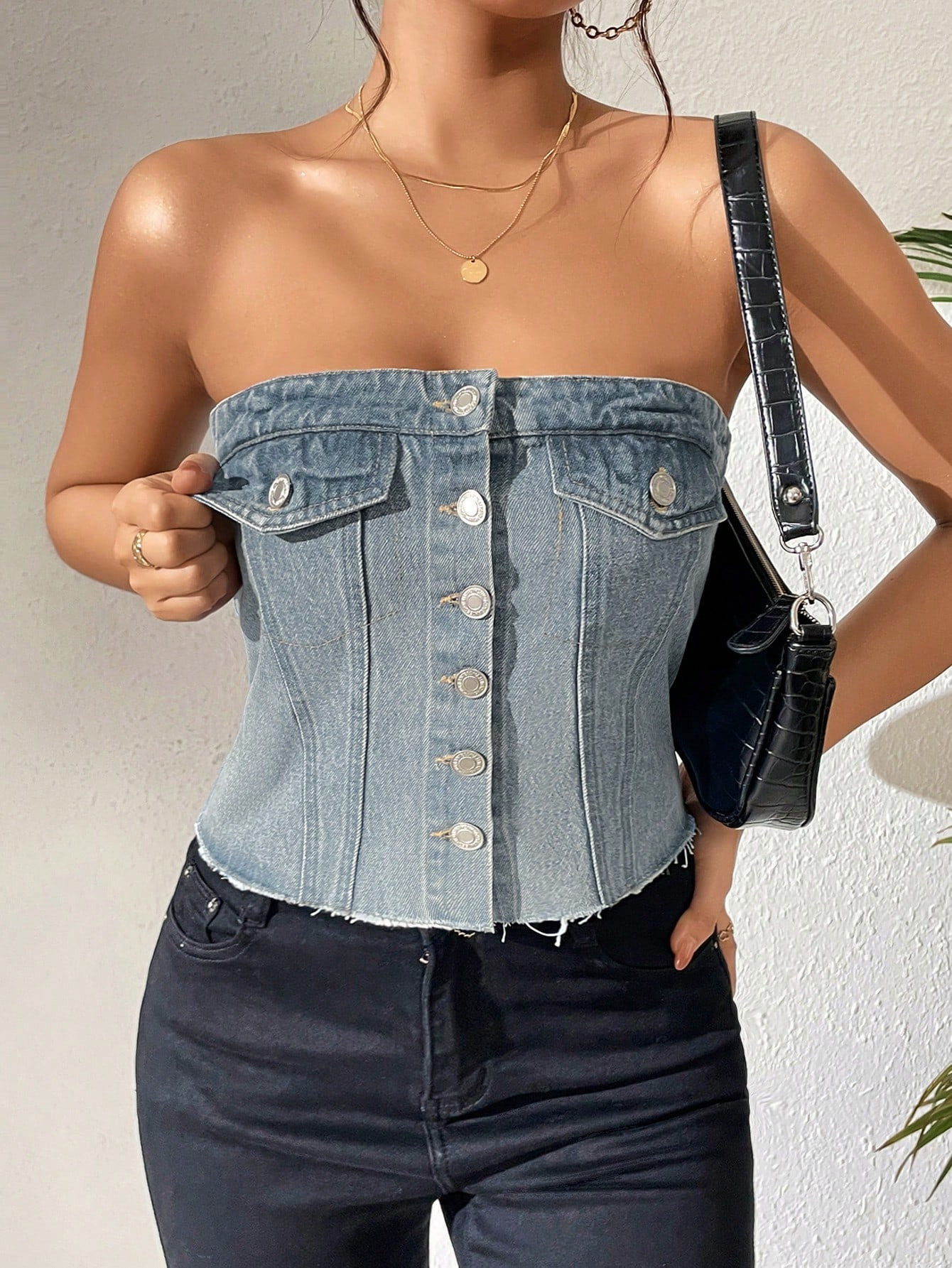 Flap Detail Button Front Tube Denim Top | SHEIN