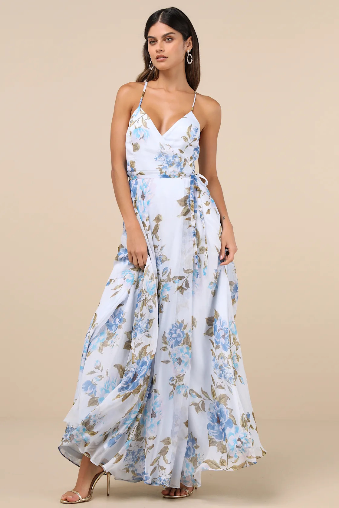 Oh-So Romantic Pale Blue Floral Print Sleeveless Wrap Maxi Dress | Lulus