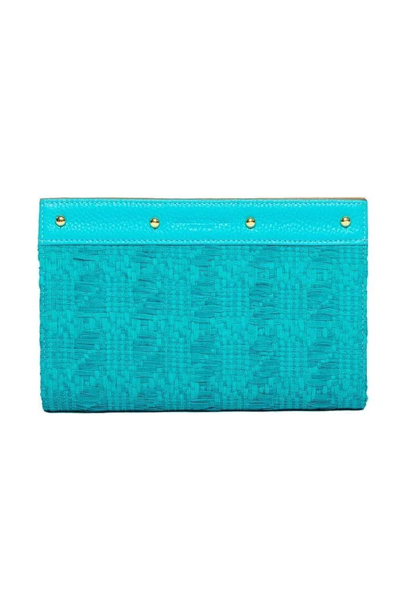Lizzie Reversible Clutch Cover: Navy Croc Reversing to Turquoise Woven Raw Silk | CARRIE DUNHAM