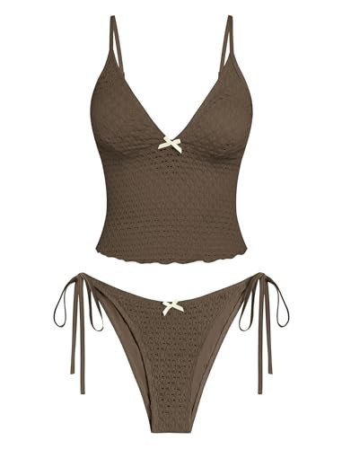 ZAFUL Tankini Swimsuits for Women Lace Jacquard Bowknot Decor Tummy Control High Cut Tanga Tankini Set(A-Coffee, S) | Amazon (US)
