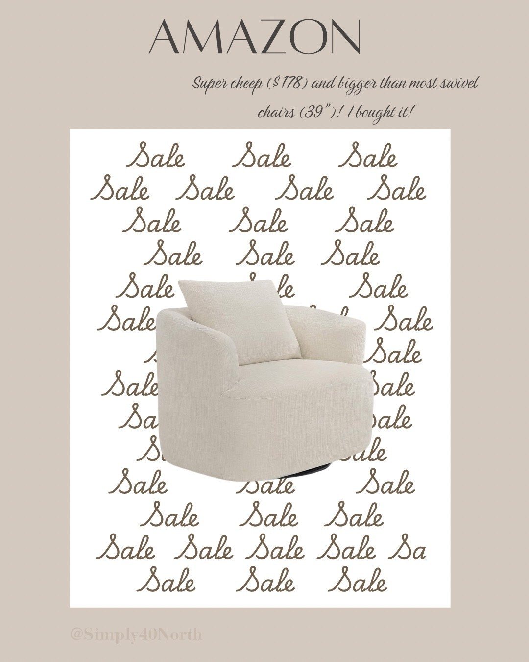 I have looked and looked for the perfect swivel chair and I think I found it!  $178 and bigger than most!  I ordered it and can’t wait for it to arrive!!
