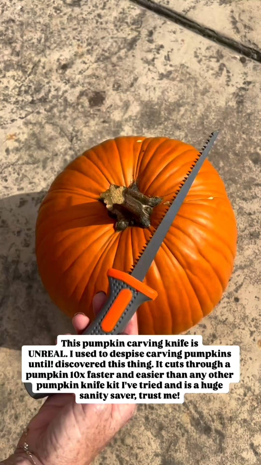 This pumpkin carving knife is
UNREAL. I used to despise carving pumpkins until! discovered this thing. It cuts through a pumpkin 10x faster and easier than any other pumpkin knife kit I've tried and is a huge sanity saver, trust me!