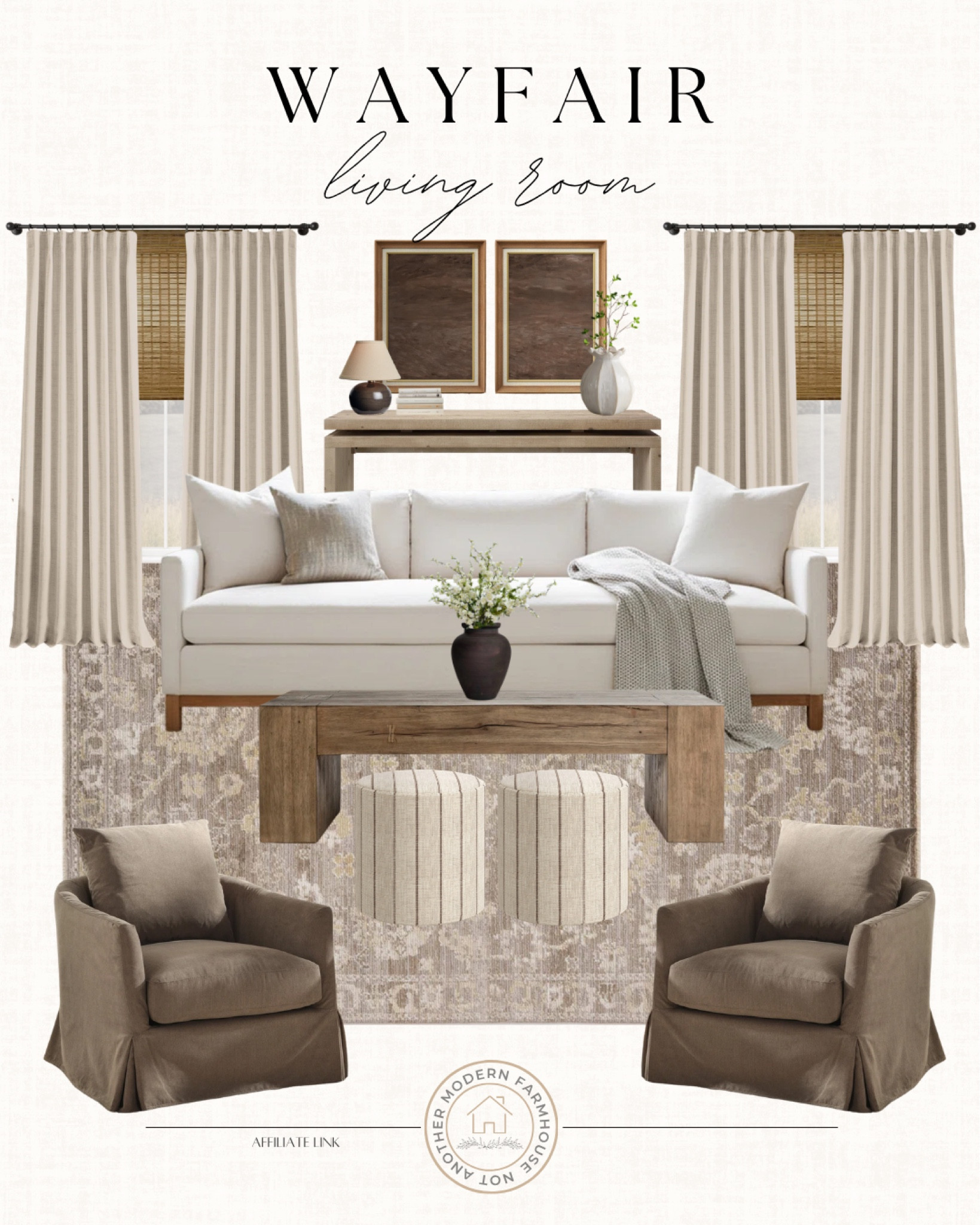 Wayfair living room inspo that feel elevated, warm and effortlessly pulled together. Neutral tones, cozy textures and timeless pieces that give that designer look without the high price. ✨

wayfair living room, neutral living room decor, modern farmhouse living room, beige aesthetic home, cozy living room ideas, affordable home decor finds, designer look for less living room, neutral sofa styling, wood coffee table decor, layered rug living room, linen curtains neutral home, warm toned home decor, minimalist cozy living room, neutral accent chairs, ottoman coffee table styling, wayfair home finds, living room refresh ideas, budget friendly home decor, modern transitional, farmhouse, mcgee, amber interiors, room inspo, classic neutral interiors, soft modern living room 

 #LTKHome