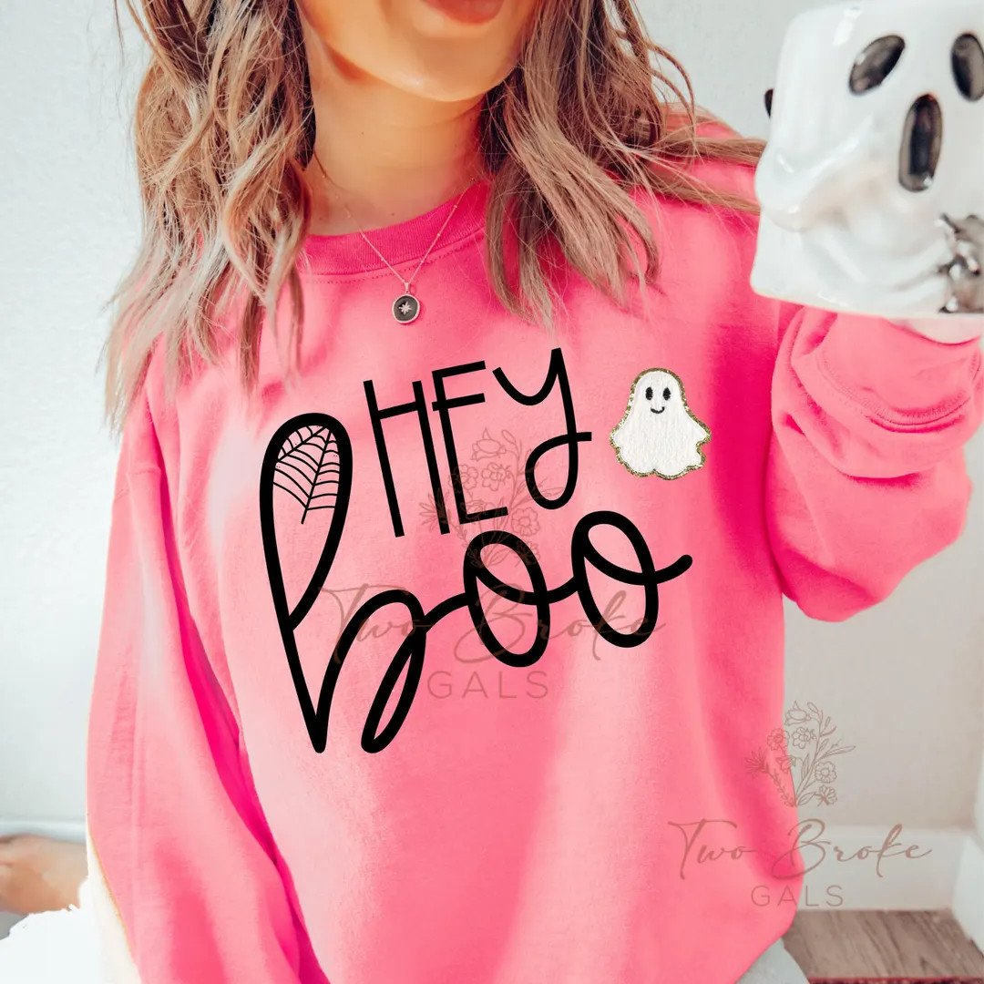 Hey Boo Chenille Ghost Patch Neon Pink Sweatshirt Halloween Crewneck Preppy Halloween Bettlejuice... | Etsy (US)