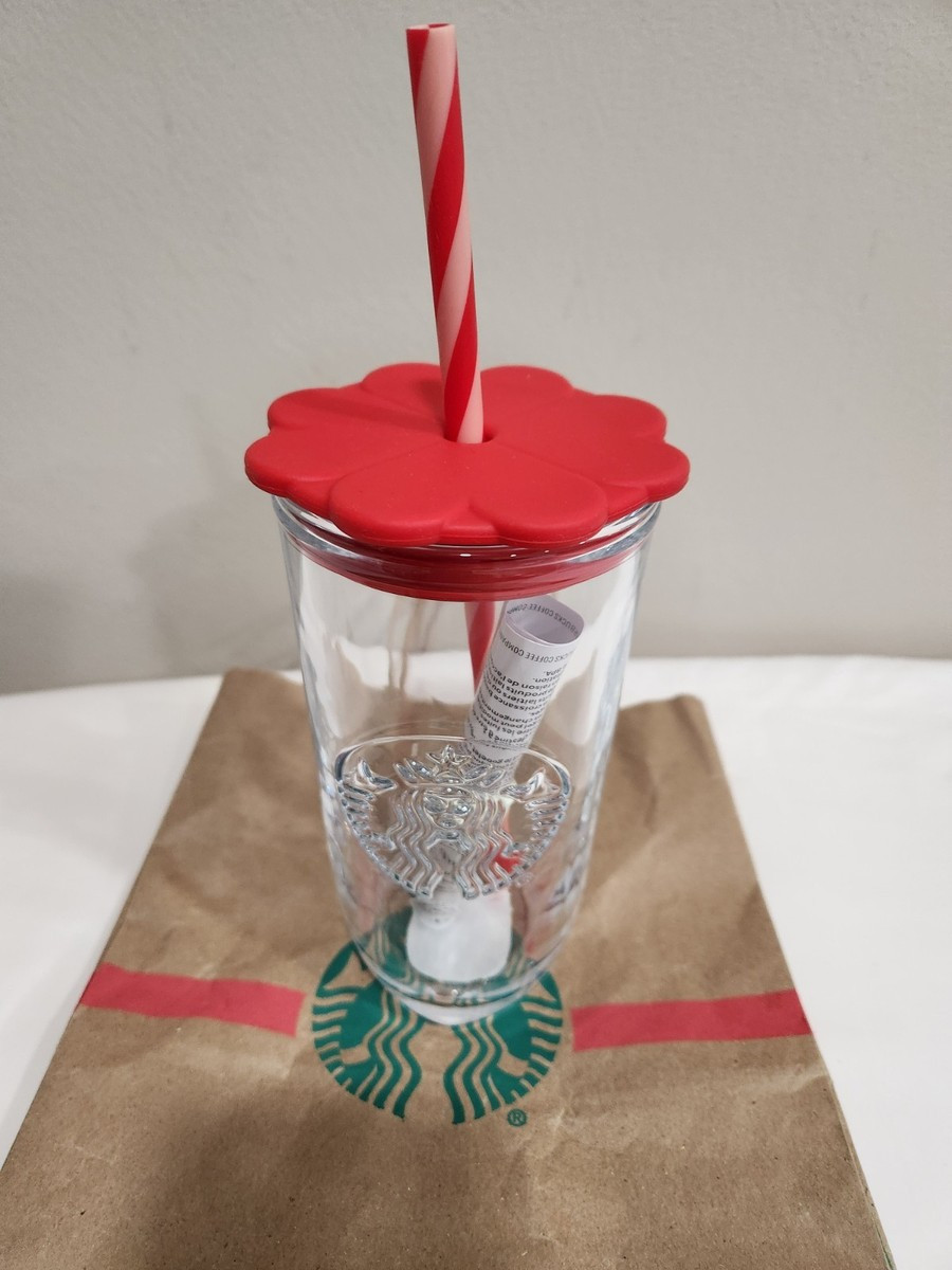 STARBUCKS COLD CUP GLASS VALENTINES HEART NWT 16 OZ RED STRAW 2026 CLEAR COLOR | eBay US