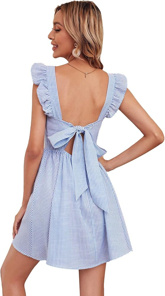 Romwe Women's Cute Tie Back Ruffle Strap A Line Fit and Flare Flowy Short Dress | Amazon (US)