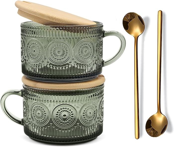 Vintage Coffee Mugs Set of 2 Green, 14 Oz Overnight Oats Containers with Bamboo Lids and Spoons, ... | Amazon (US)