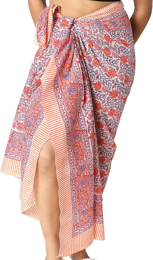 100% Cotton Sarong Coverups for Women Indian Hand Block Print Swimsuit Pareo Wrap Skirt Beach Swi... | Amazon (US)