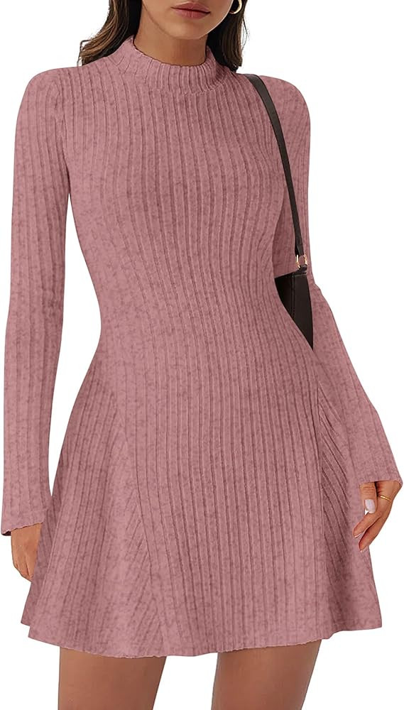 KIRUNDO Women's Sweater Dress 2025 Fall Lightweight Long Sleeve Mock Neck A Line Fit and Flare Ri... | Amazon (US)