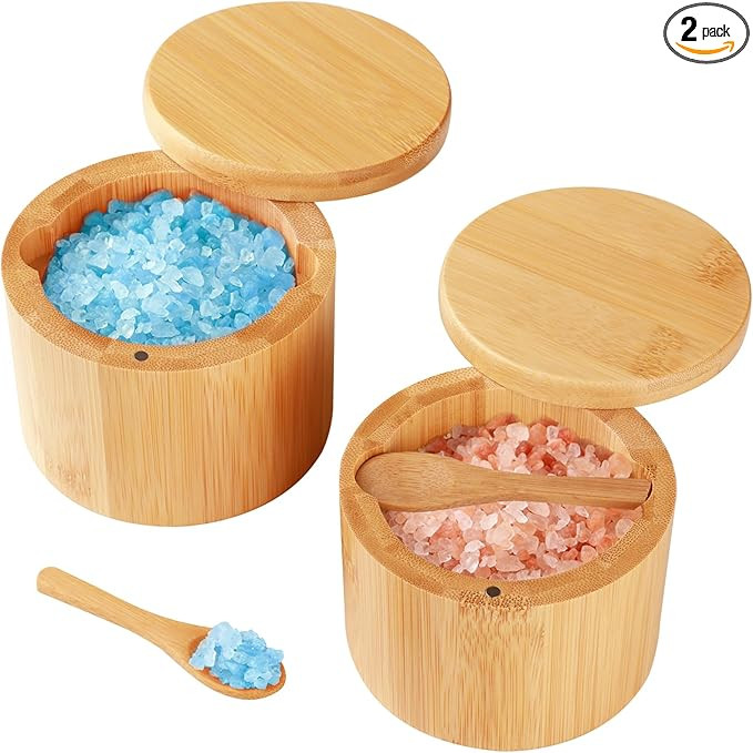 Bamboo Salt Cellar, 2 PCS Salt Container with Built-in Spoon, Salt Box Bowl with Magnetic Swivel ... | Amazon (US)
