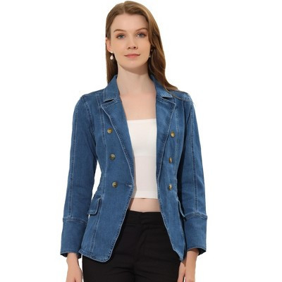 INSPIRE CHIC Women's Lapel Notch Collar Long Sleeve Denim Blazer Jackets Denim Blue X-Small | Target