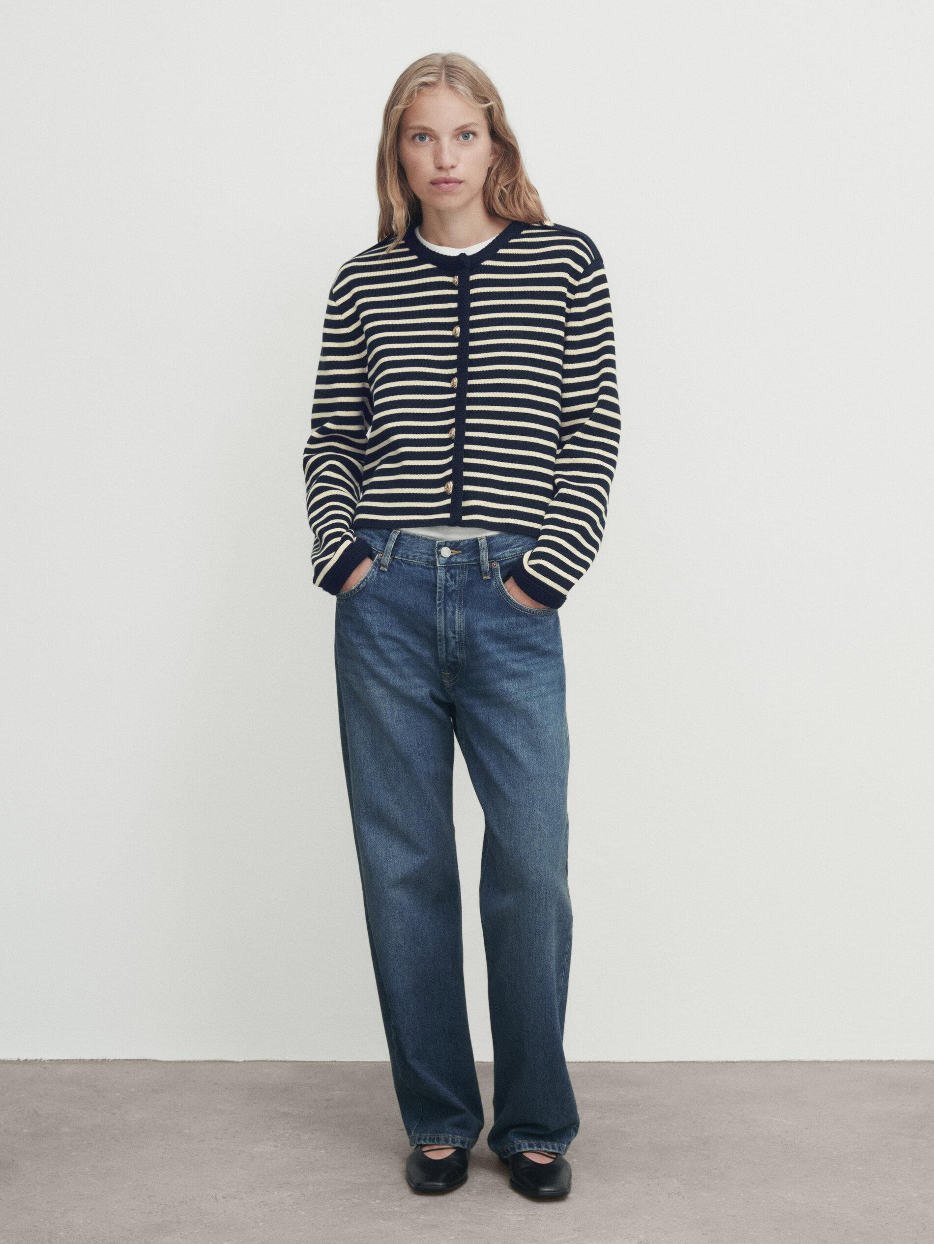 Striped knit cardigan with button detail on shoulder | Massimo Dutti US